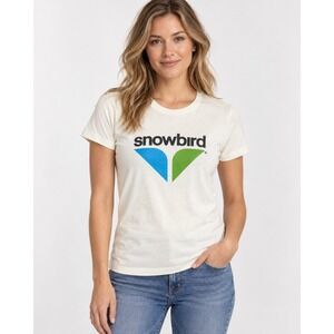 Snowbird Graphic T-Shirt Women Small Cream Ski Resort Logo Cotton Short Sleeve